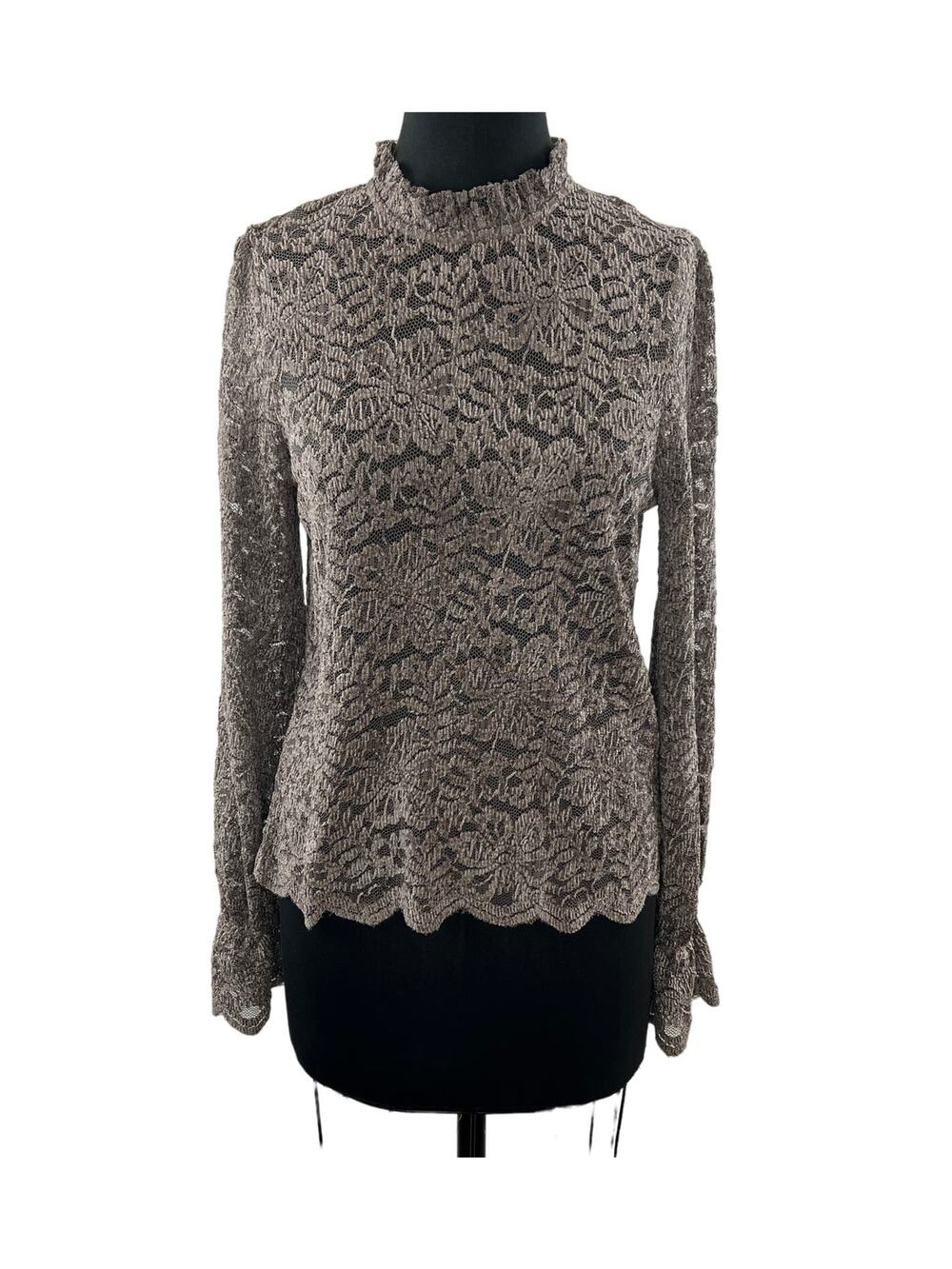 Eri+Ali Brown Blouse Floral Lace Cropped Mock Neck Keyhole Formal Size Small S